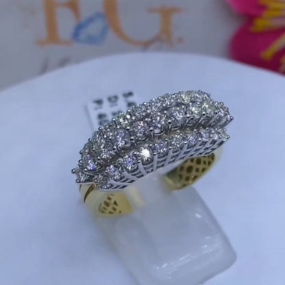 1.34Ctw Round-cut three-row sapphire bicolor gold ring- JEWELBUYS