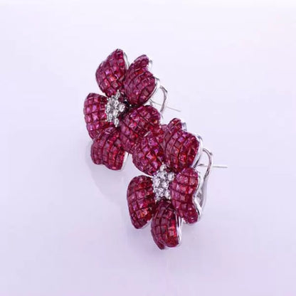 17ctw Invisible Set Princess Cut Ruby Sapphire Flower Earrings-JEWELBUYS