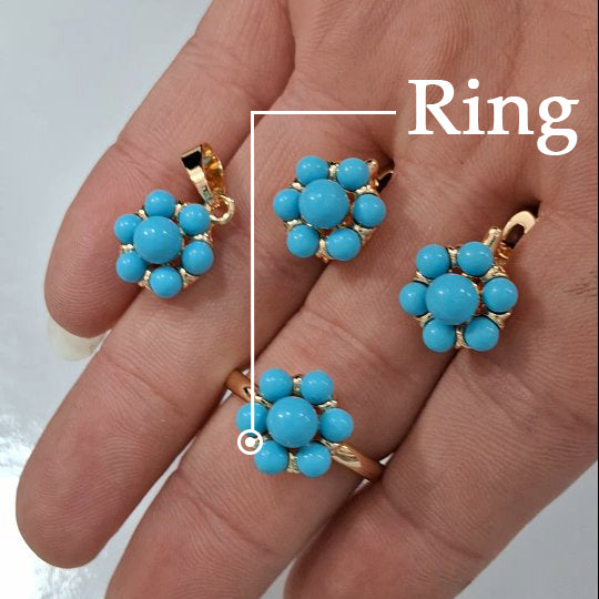 Elegant Turquoise Flower Ring, Earrings, and Pendant Set-JEWELBUYS