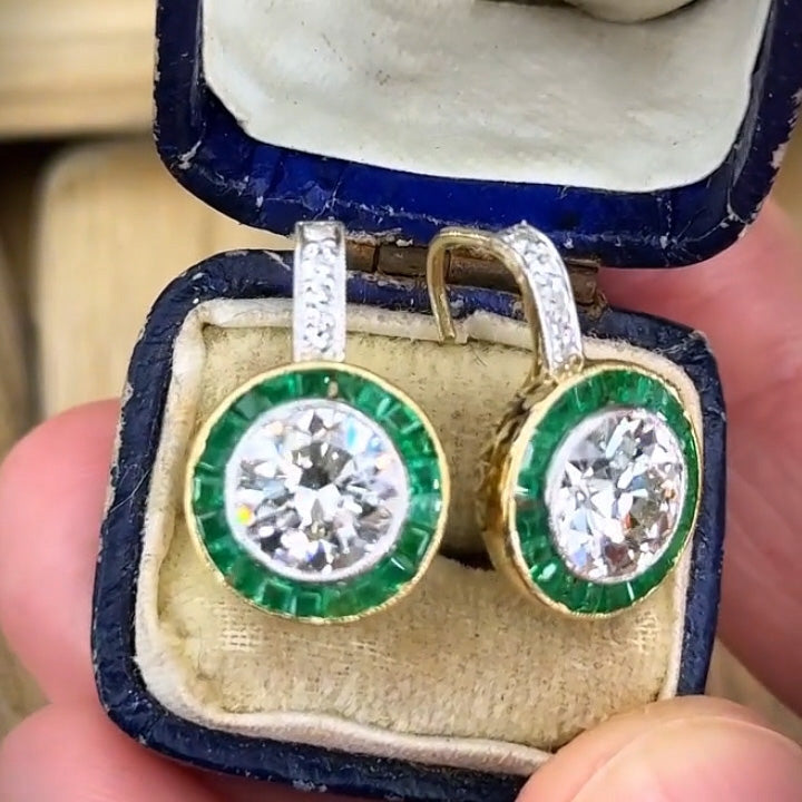3.0Ctw Victorian Style Round Halo Emerald-Trimmed Sapphire Earrings-JEWELBUYS