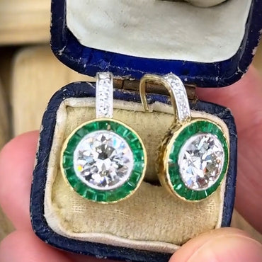3.0Ctw Victorian Style Round Halo Emerald-Trimmed Sapphire Earrings-JEWELBUYS