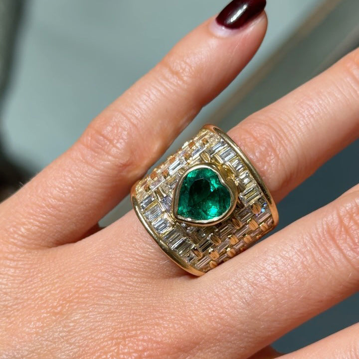 4.26Ctw Heart-Shaped Wide Engagement Ring with Emerald and Rectangular-Cut Sapphire-JEWELBUYS