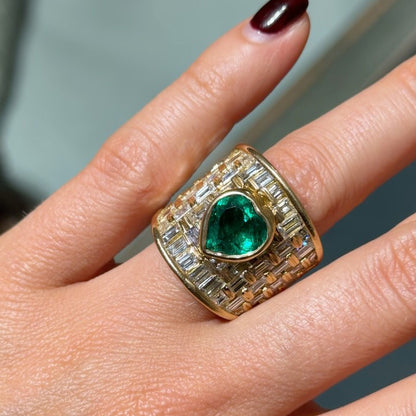 4.26Ctw Heart-Shaped Wide Engagement Ring with Emerald and Rectangular-Cut Sapphire-JEWELBUYS