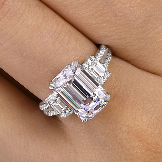 5ct Emerald Cut White Sapphire Three Stones Engagement Ring-JEWELBUYS