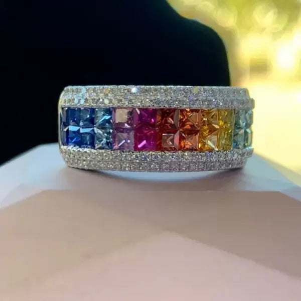 6.2ctw Rainbow Multi Color Sapphire Princess Cut Ring-JEWELBUYS