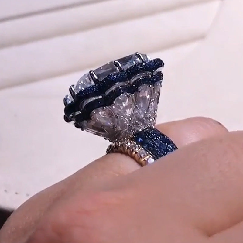 14Ctw Elongated Cushion Cut Sapphire Halo Ring-JEWELBUYS