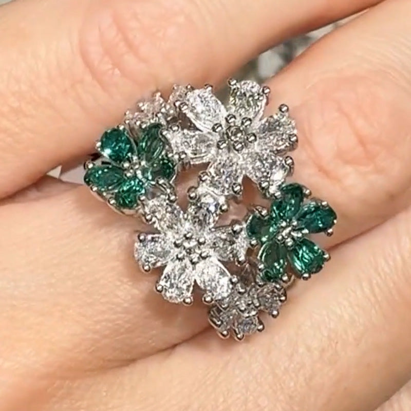 14ct Pear Cut Emerald and White Diamond Floral Ring - JEWELBUYS