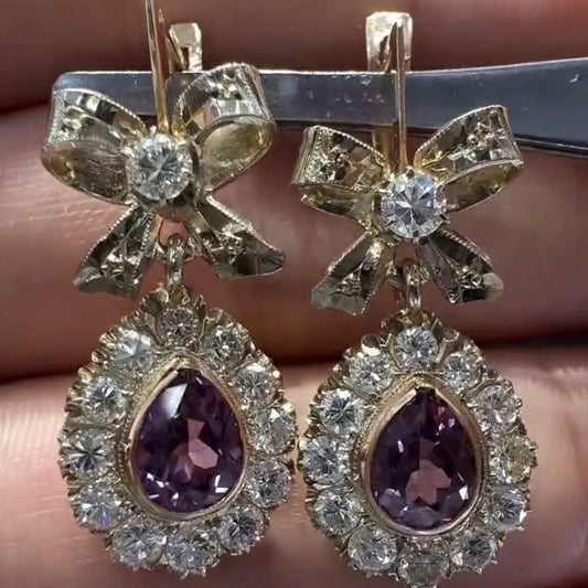 4.8Ctw Pear-shaped Purple Sapphire Vintage Bow Pendant Earrings-JEWELBUYS