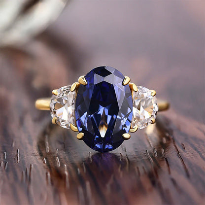 3.5ct Oval Cut Blue Sapphire Three Stones Engagement Ring-JEWELBUYS