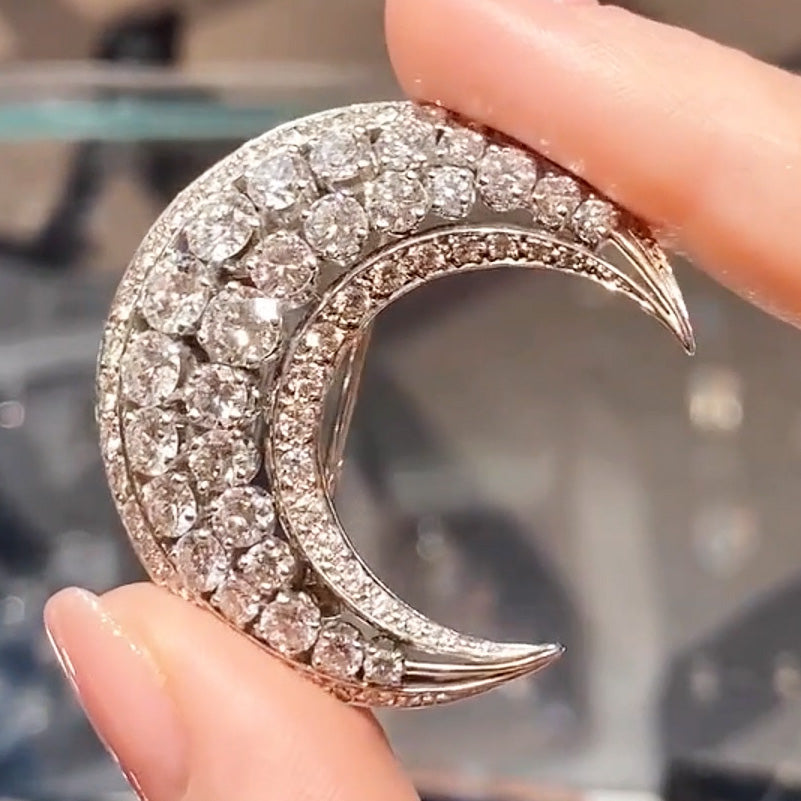 9.02ctw Old Cut White Sapphire Crescent Brooch-JEWELBUYS