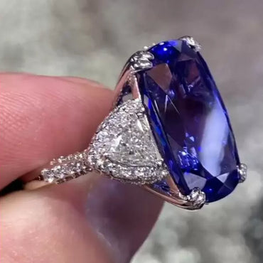 12ct Classic Cushion Cut Blue & White Sapphire Three Stones Women's Engagement Ring-JEWELBUYS