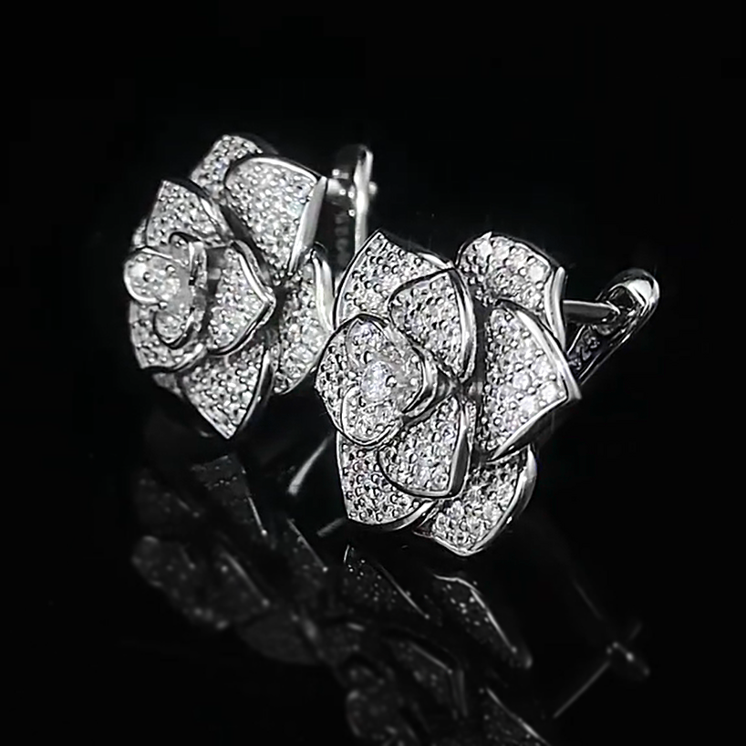 Delicate 5 ctw Round Cut White Gemstone Pavé Set Camellia Earrings -JEWELBUYS