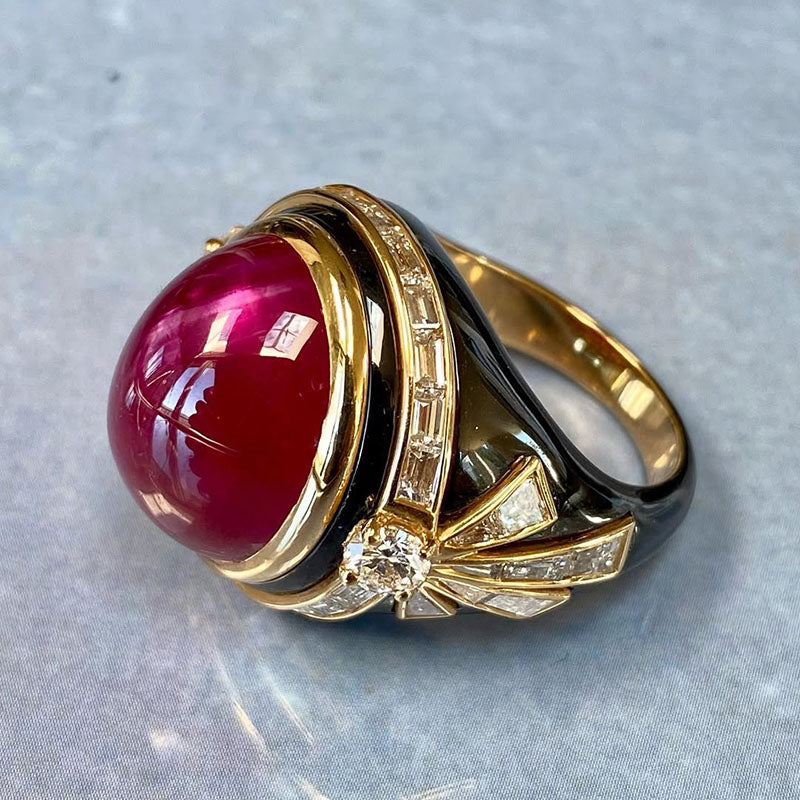 5.05Ctw Cabochon Ruby Black Hair Salon Ring-JEWELBUYS