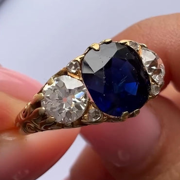 3.35Ctw Victorian-style vintage carved cushion-shaped blue gemstone engagement ring-JEWELBUYS