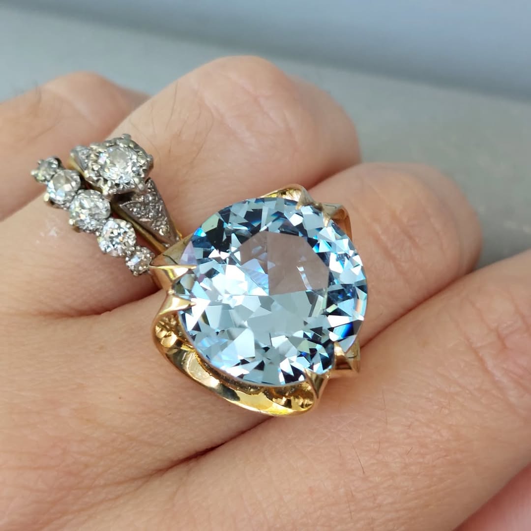 14.43Ct Round Cut Aquamarine Sapphire Vintage Ring-JEWELBUYS