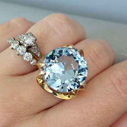 14.43Ct Round Cut Aquamarine Sapphire Vintage Ring-JEWELBUYS