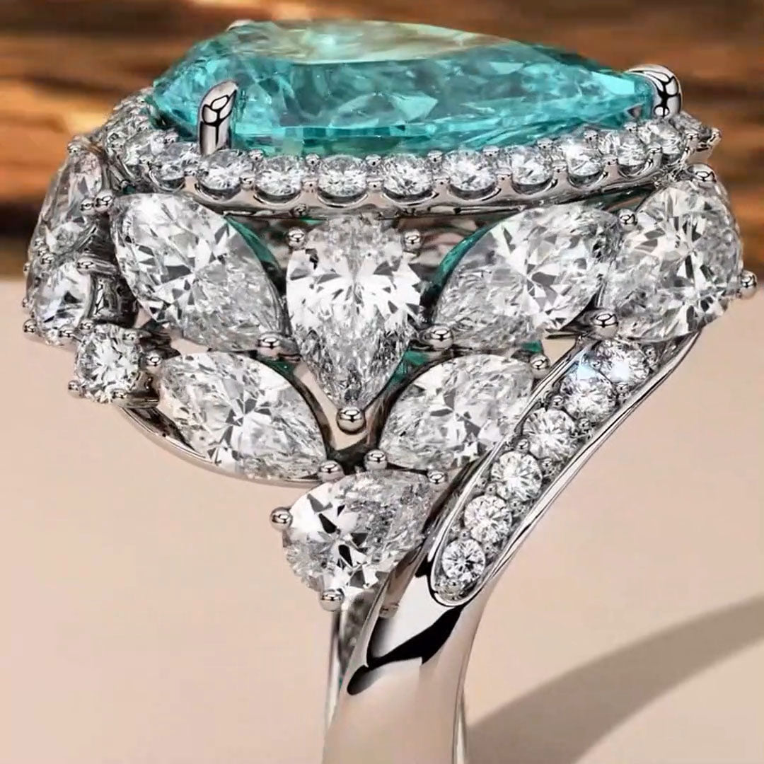 8.0Ctw Pear Cut Aquamarine Lab Sapphire Luxury Ring-JEWELBUYS