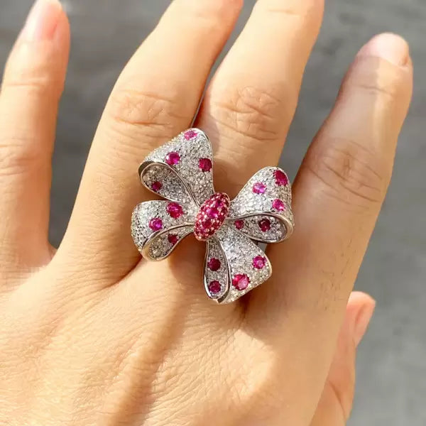 6ct Round Cut Ruby & White Sapphire Bow Ring-JEWELBUYS
