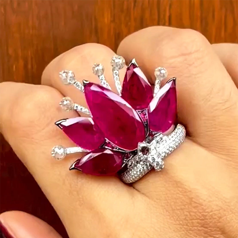 8.0ctw Pear-Shaped Ruby Crown Ring-JEWELBUYS