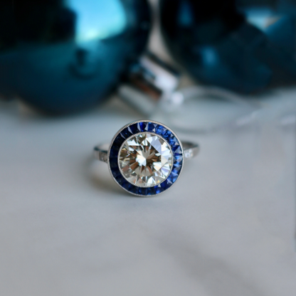 3ct Round Cut White & Blue Sapphire Target Ring - JEWELBUYS