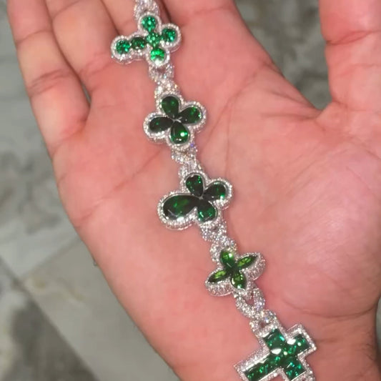 40ctw Men's Multi-Cut Emerald Clover&Cross Design Bracelet -JEWELBUYS