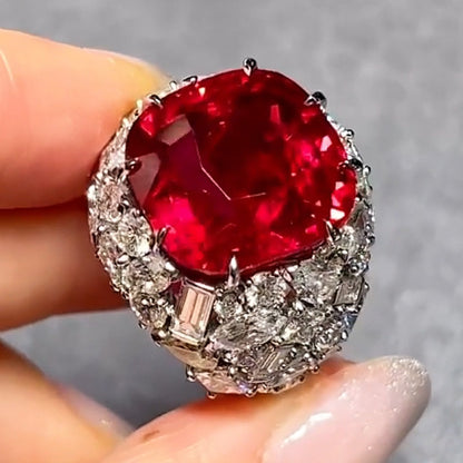 15.02 CTW Cushion Cut Ruby and White Sapphire Full Set Engagement Ring-JEWELBUYS