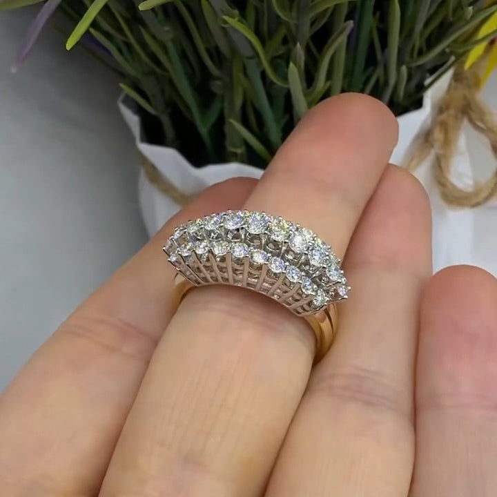 1.34Ctw Round-cut three-row sapphire bicolor gold ring- JEWELBUYS