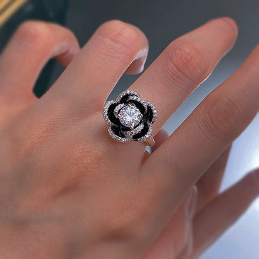 Unique 2 ctw Round Cut White Gemstone Black Camellia Ring -JEWELBUYS
