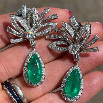 10.98Ctw Pear-shaped Colombian Emerald Pendant Earrings-JEWELBUYS