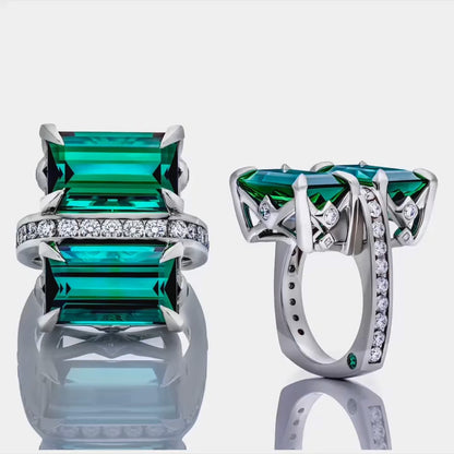 5ctw Emerald Cut Green Tourmaline Double Stone Interesting Ring-JEWELBUYS