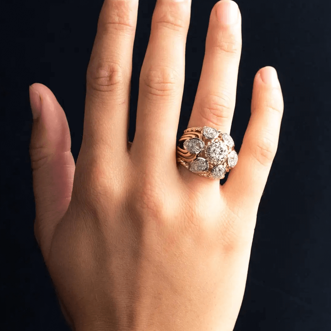 French Vintage 7ct Round Cut White Sapphire Yellow Gold Thread Dome Ring-JEWELBUYS