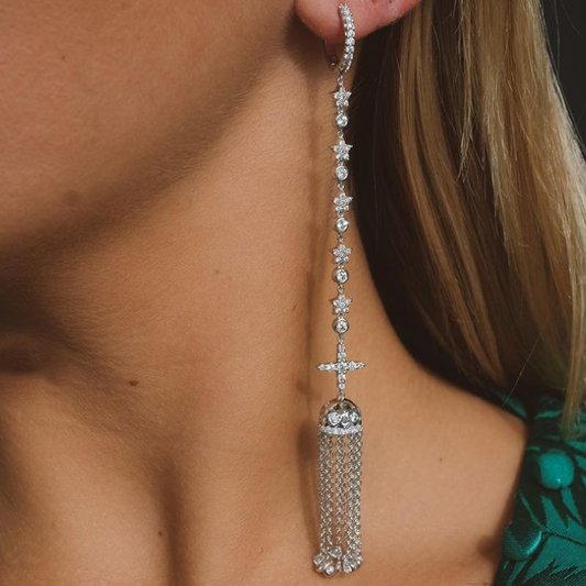 Fantasy 1ctw Round Cut White Gemstone Tassel Earrings- JEWELBUYS