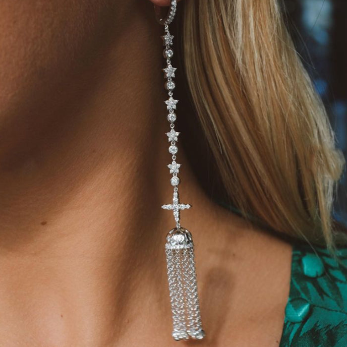Fantasy 1ctw Round Cut White Gemstone Tassel Earrings- JEWELBUYS