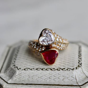 2ct Two Color Heart Cut Ruby White Gemstone Vintage Two Stone Ring - JEWELBUYS