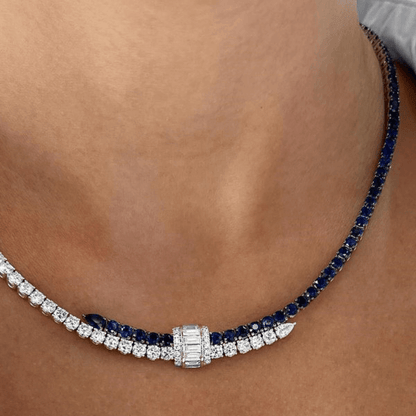 10ct Square Cut Blue & White Sapphire Statement Necklace-JEWELBUYS