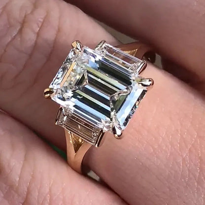 4.5ct Emerald Cut White Sapphire Split Shank Three Stones Engagement Ring-JEWELBUYS