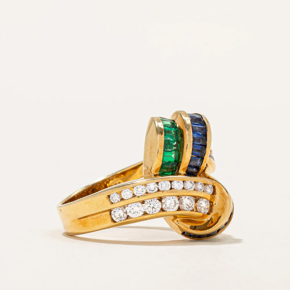 2.25Ctw Emerald and Round-Cut Multicolor Sapphire Ring-JEWELBUYS