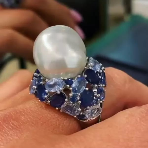 Unique Irregular Pearl Oval Cut Blue & Aquamarine Sapphire Diamond Ring-JEWELBUYS