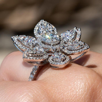 Flower-shaped 4ctw Round & Pear Cut White Sapphire Women's Engagement Ring in Silver-JEWELBUYS