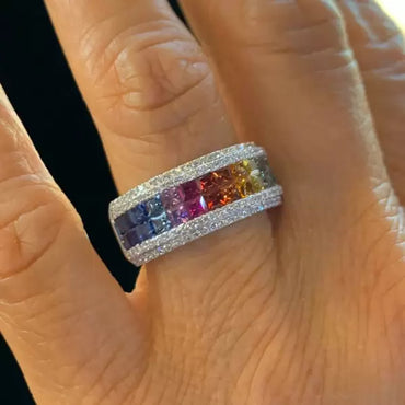 6.2ctw Rainbow Multi Color Sapphire Princess Cut Ring-JEWELBUYS