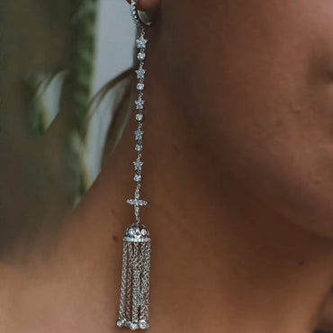 Fantasy 1ctw Round Cut White Gemstone Tassel Earrings- JEWELBUYS