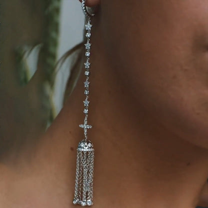 Fantasy 1ctw Round Cut White Gemstone Tassel Earrings- JEWELBUYS
