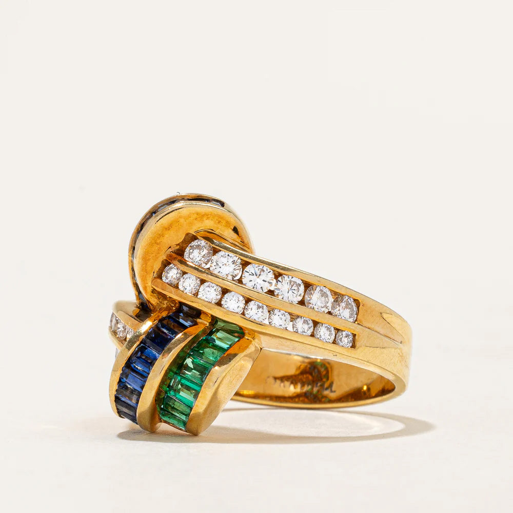 2.25Ctw Emerald and Round-Cut Multicolor Sapphire Ring-JEWELBUYS