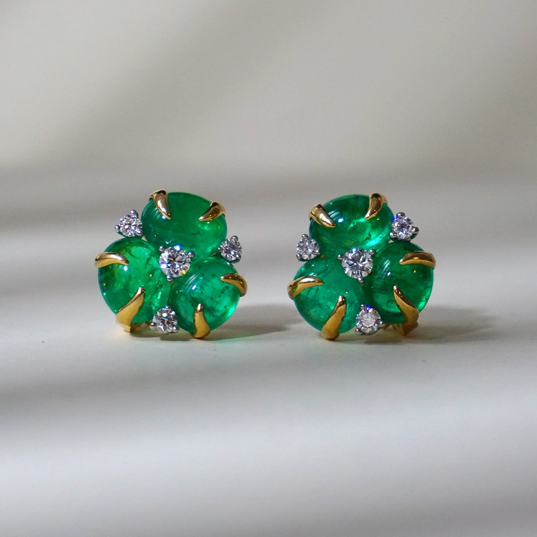 3.0Ctw Cabochon-shaped tendril cluster gemstone ear clips-JEWELBUYS