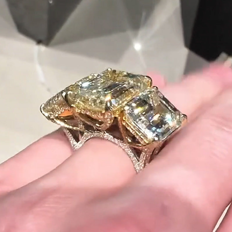8ctw 3 Main Stones with Paved Diamonds Emerald Cut Yellow Sapphire Women's Engagement Ring in Silver-JEWELBUYS