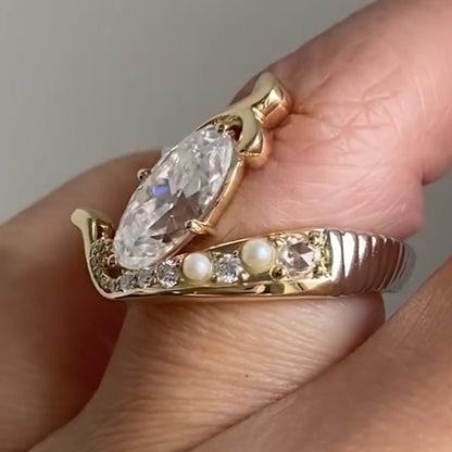 Vintage 4ct Oval Cut White Sapphire and Sided Round Cut Stones with Pearl Women's Engagement Ring in Gold-JEWELBUYS
