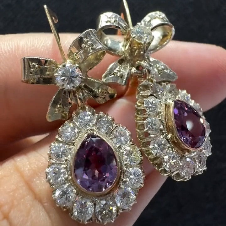 4.8Ctw Pear-shaped Purple Sapphire Vintage Bow Pendant Earrings-JEWELBUYS