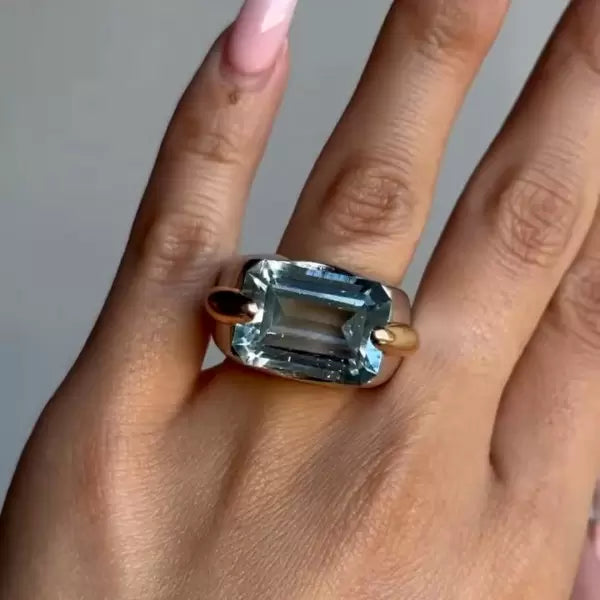 Minimalist 14ct Emerald Cut Blue Sapphire Cocktail Ring in Rose Gold and Silver-JEWELBUYS