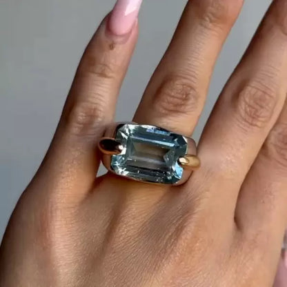 Minimalist 14ct Emerald Cut Blue Sapphire Cocktail Ring in Rose Gold and Silver-JEWELBUYS
