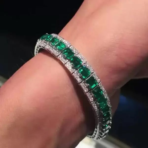 23.55ct Cushion & Round Cut White Sapphire and Emerald Two-tone Bracelet in Silver-JEWELBUYS